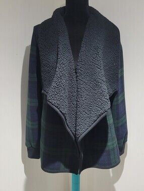 Abercrombie & Fitch Womens Sherpa Plaid Waterfall Cardigan Small Navy Blue Green